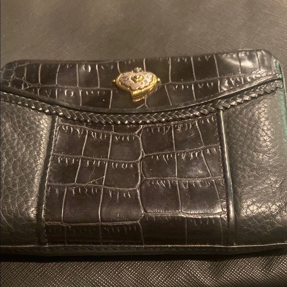 Brighton Black Crocodile-Embossed Wallet with Gold and Silver Emblem